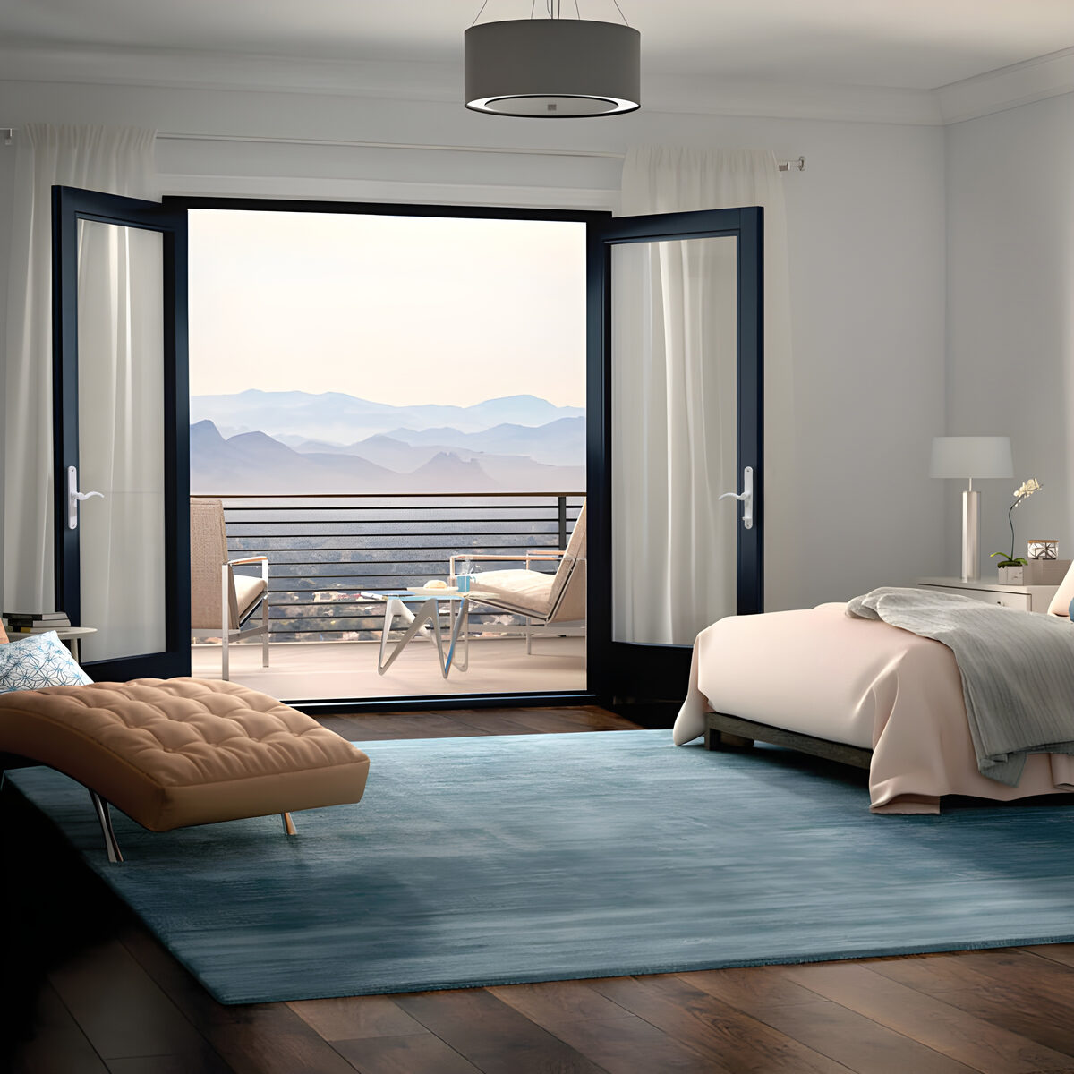 Open vinyl French doors leading to a balcony with mountain views